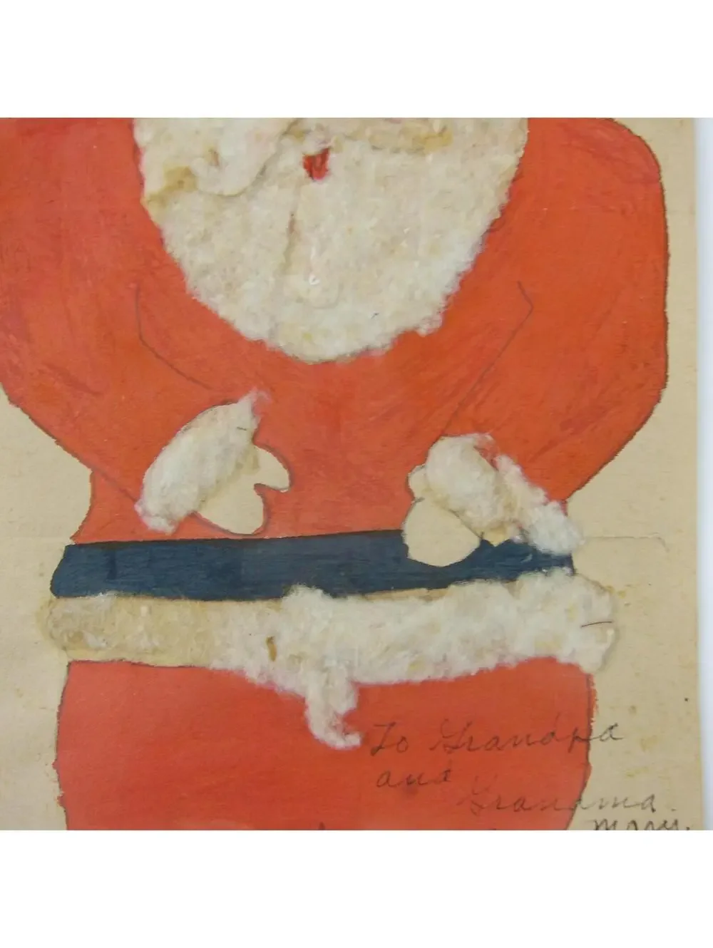Vintage Christmas Card Handmade Santa Clause Red Suit White Cotton Trim & Hair
